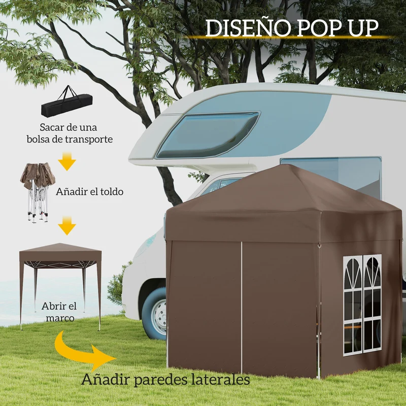 Outsunny Carpa Plegable Pop-up Gazebo 2x2 m Cenador Plegable con 4 Paredes Laterales Anti-UV y Bolsa de Transporte para Camping Fiestas Marrón