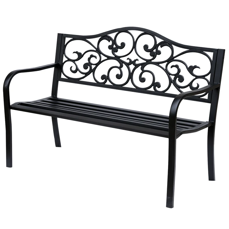 Outsunny Banco de Jardín de Acero Banco Exterior con Respaldo y Reposabrazos Carga 240 kg para Patio Terraza Balcón 127x60x89 cm Negro