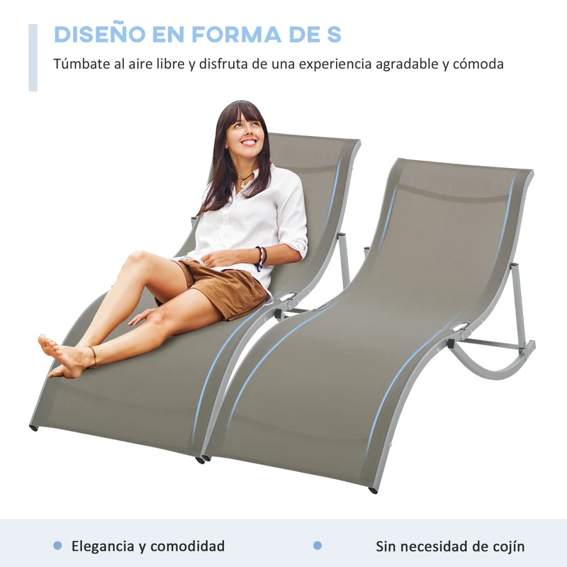 Outsunny 2 Tumbonas Plegables Tumbonas de Jardín en Forma de S con Marco de Aluminio Texteline para Piscina Patio Terraza 165x61x63 cm Gris