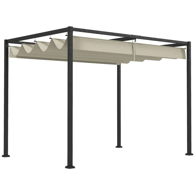 Outsunny Pérgola 3x2 m Cenador de Jardín Pabellón de Diseño Elegante con Techo Retráctil de Poliéster con Recubrimiento Resistente Anti-UV Impermeable para Celebraciones Fiestas Bodas Crema