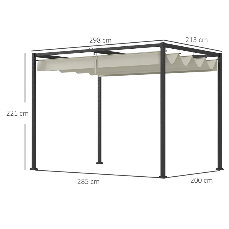 Outsunny Pérgola 3x2 m Cenador de Jardín Pabellón de Diseño Elegante con Techo Retráctil de Poliéster con Recubrimiento Resistente Anti-UV Impermeable para Celebraciones Fiestas Bodas Crema