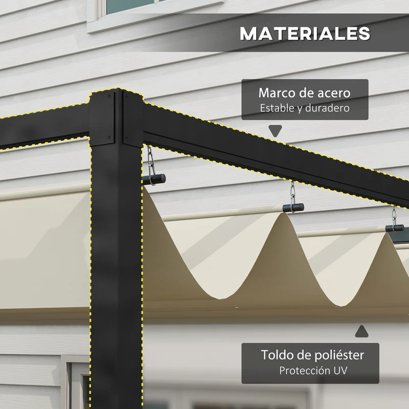 Outsunny Pérgola 3x2 m Cenador de Jardín Pabellón de Diseño Elegante con Techo Retráctil de Poliéster con Recubrimiento Resistente Anti-UV Impermeable para Celebraciones Fiestas Bodas Crema