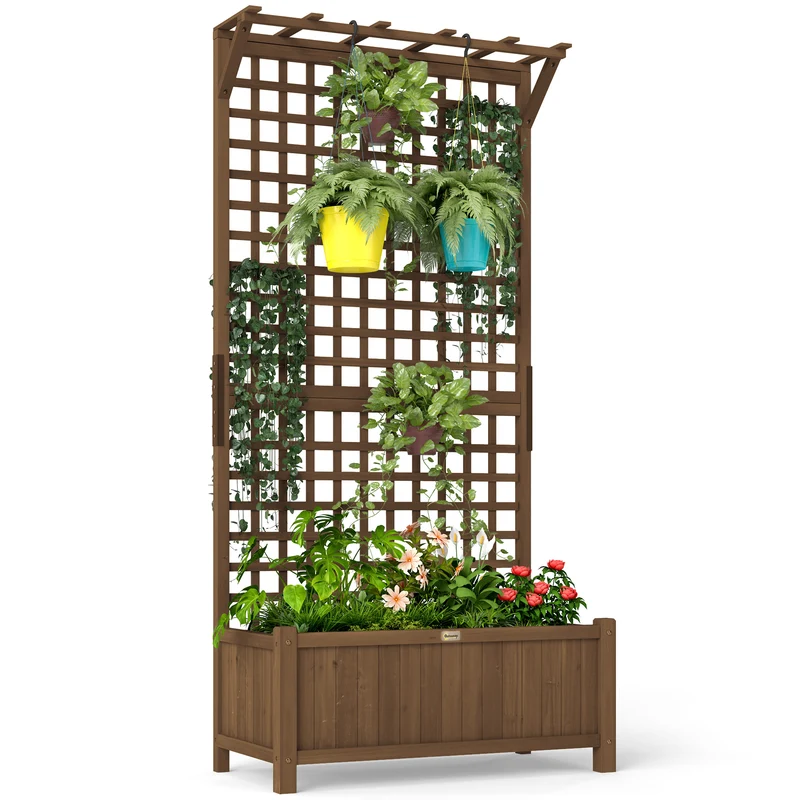 Outsunny Jardinera con Enrejado de Madera Macetero de Jardín con Soporte para Trepadora Cultivo de Plantas Flores Jardinera con Celosía para Exterior Patio Terraza 90x45x183 cm Marrón
