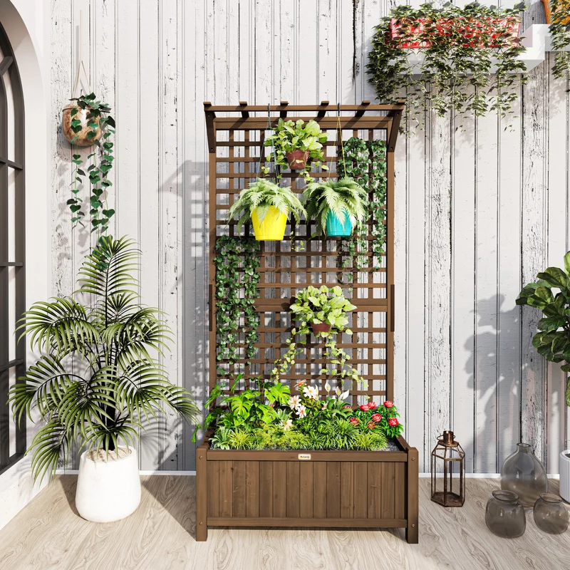 Outsunny Jardinera con Enrejado de Madera Macetero de Jardín con Soporte para Trepadora Cultivo de Plantas Flores Jardinera con Celosía para Exterior Patio Terraza 90x45x183 cm Marrón