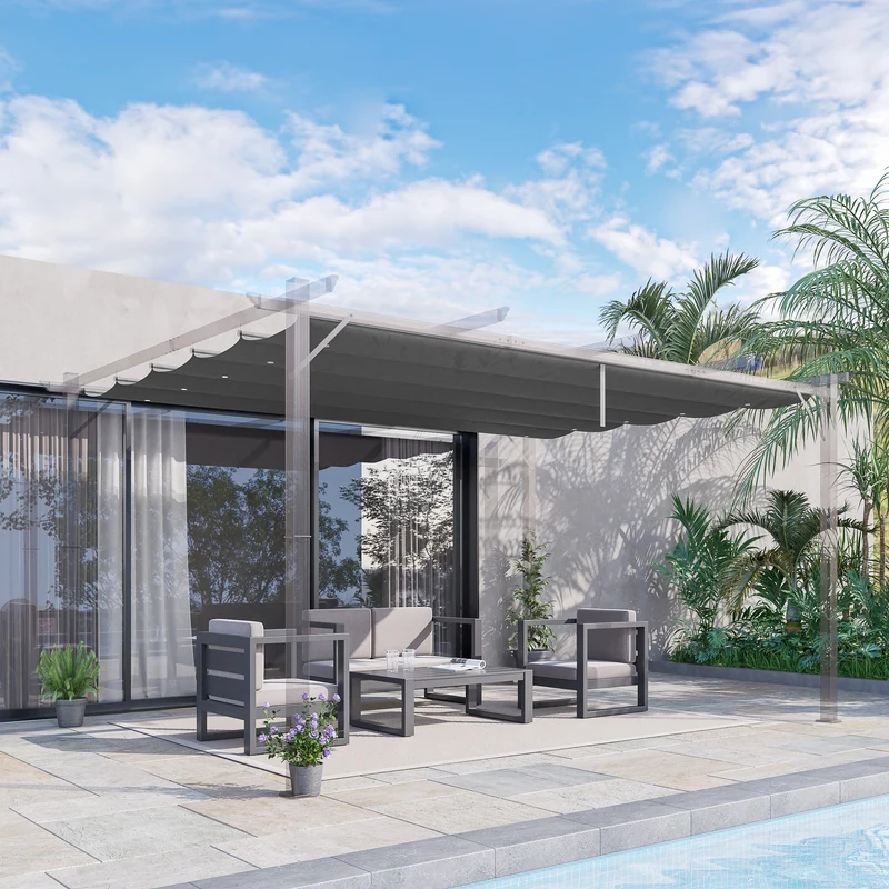 Outsunny Techo de Pérgola 3,5x2,6 m Techo de Repuesto Retráctil para Sombrilla Toldo de Tela para Cenador Jardín con 10 Orificios de Drenaje Gris Oscuro