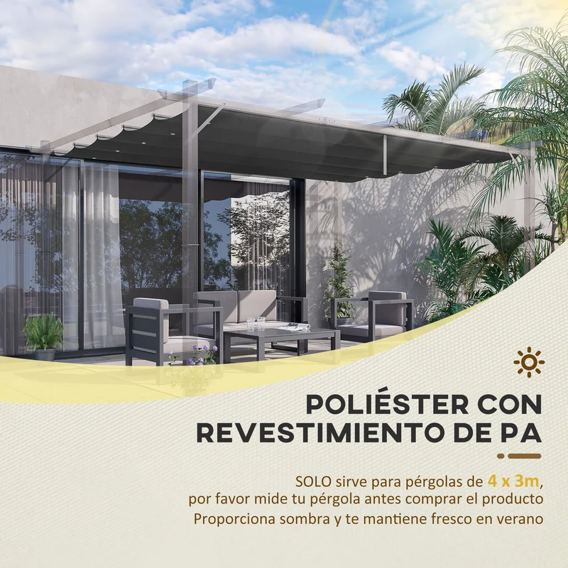 Outsunny Techo de Pérgola 3,5x2,6 m Techo de Repuesto Retráctil para Sombrilla Toldo de Tela para Cenador Jardín con 10 Orificios de Drenaje Gris Oscuro