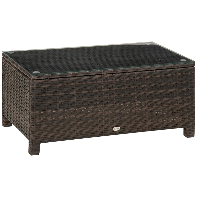 Outsunny Mesa de Jardín de Ratán Sintético Mesita Auxiliar con Vidrio Templado para Terraza Patio Balcón 85x50x39 cm Marrón