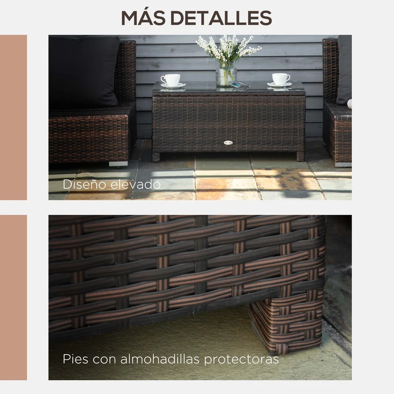 Outsunny Mesa de Jardín de Ratán Sintético Mesita Auxiliar con Vidrio Templado para Terraza Patio Balcón 85x50x39 cm Marrón