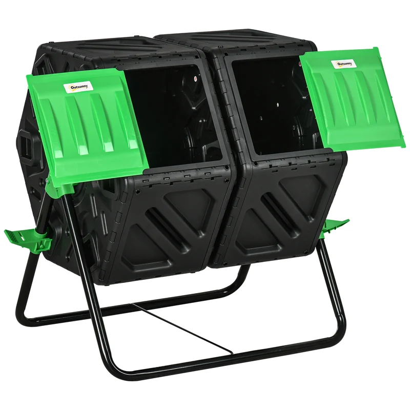 Outsunny Compostador Giratorio de 130L Contenedor de Compostaje de Jardín de Doble Cámara Compostadora con Aberturas de Ventilación y Patas de Acero 67x60x77 cm Negro