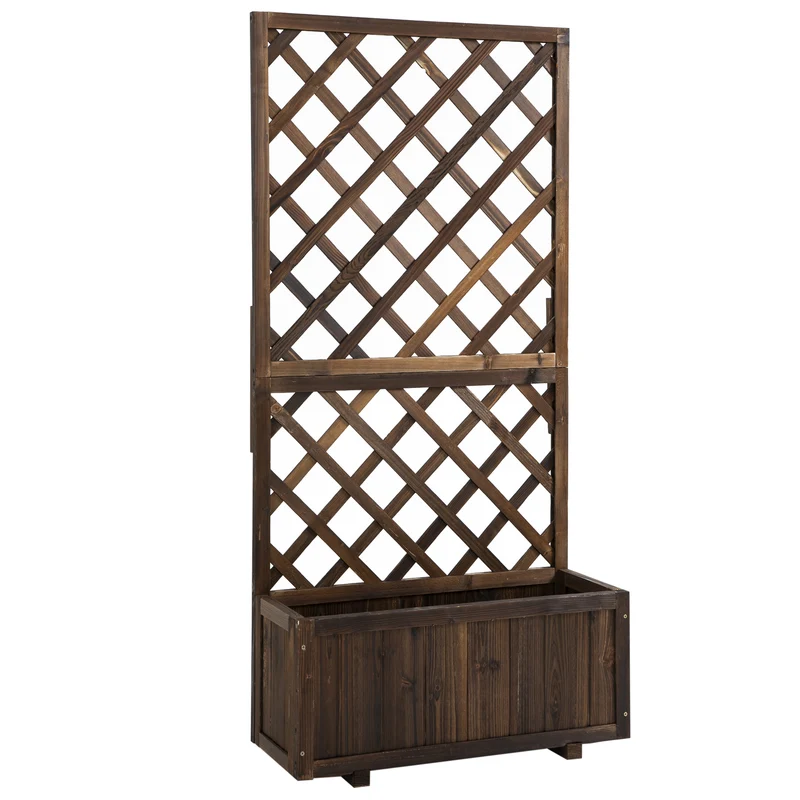 Outsunny Jardinera con Enrejado de Madera Maciza Macetero de Jardín con Soporte para Trepadora para Cultivo de Plantas Flores en Exterior 72,5x31,5x149,5 cm Carbonizado