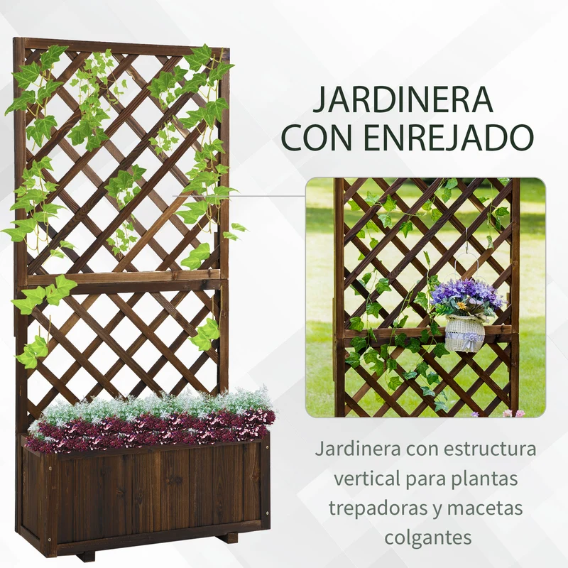 Outsunny Jardinera con Enrejado de Madera Maciza Macetero de Jardín con Soporte para Trepadora para Cultivo de Plantas Flores en Exterior 72,5x31,5x149,5 cm Carbonizado