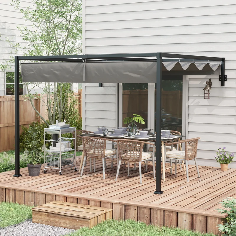 Outsunny Pérgola con Techo Retráctil Pérgola de Pared 3x2 m Cenador con Tela de Poliéster Resistente al Agua Pabellón para Jardín Patio Terraza Exterior Gris Oscuro