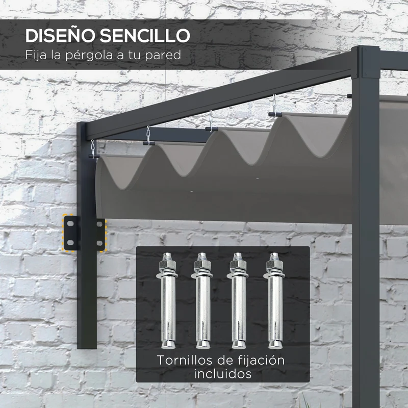 Outsunny Pérgola con Techo Retráctil Pérgola de Pared 3x2 m Cenador con Tela de Poliéster Resistente al Agua Pabellón para Jardín Patio Terraza Exterior Gris Oscuro