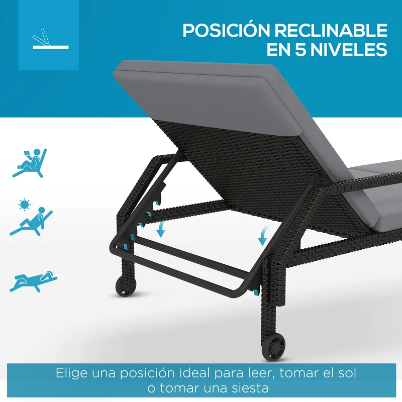 Outsunny Tumbona de Ratán Chaise Longue de Jardín con Respaldo Ajustable en 5 Posiciones Cojín Acolchado y 2 Ruedas Carga 120 kg 73x200x48 cm Gris Claro y Negro