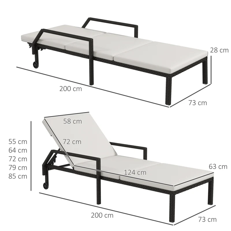Outsunny Tumbona de Ratán Chaise Longue de Jardín con Respaldo Ajustable en 5 Posiciones Cojín Acolchado y 2 Ruedas Carga 120 kg 73x200x48 cm Crema y Negro