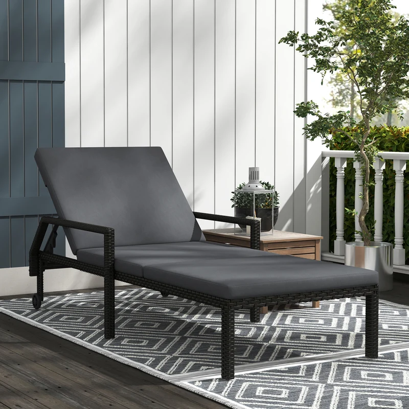 Outsunny Tumbona de Ratán Chaise Longue de Jardín con Respaldo Ajustable en 5 Posiciones Cojín Acolchado y 2 Ruedas Carga 120 kg 73x200x48 cm Gris Oscuro y Negro