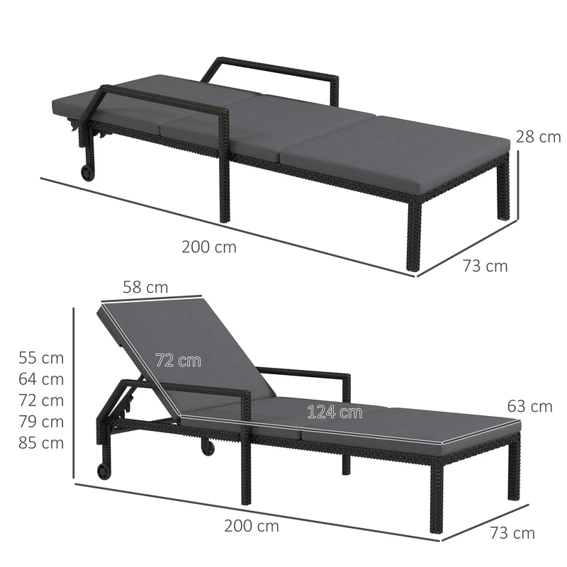 Outsunny Tumbona de Ratán Chaise Longue de Jardín con Respaldo Ajustable en 5 Posiciones Cojín Acolchado y 2 Ruedas Carga 120 kg 73x200x48 cm Gris Oscuro y Negro