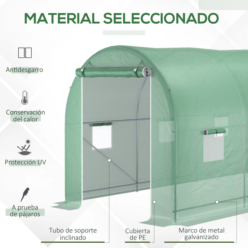 Outsunny Invernadero de Túnel 500x200x205 cm Invernadero de Jardín con Puerta Enrollable y 8 Ventanas Cubierta PE 140 g/m² Marco de Metal para Cultivo Plantas Verduras Verde