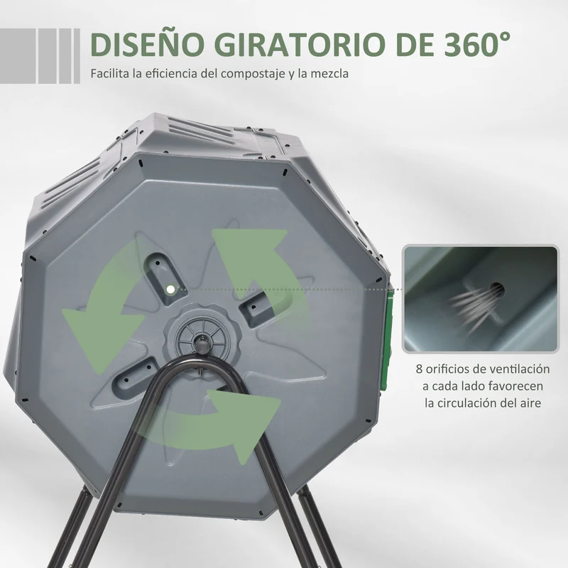 Outsunny Compostador Giratorio de 160L Contenedor de Compostaje de Jardín de Doble Cámara Compostadora con Aberturas de Ventilación y Patas de Acero 71x65x96 cm Gris