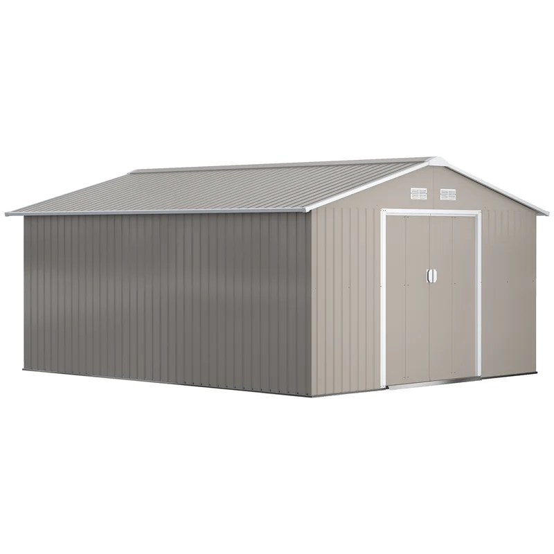 Outsunny Caseta de Jardín Exterior 12,4 m² 340x386x200 cm Cobertizo de Jardín Exterior con Puerta Corredera Techo Inclinado Base Refuerzo (Suelo NO Incluido) y 4 Ventanas Gris Claro