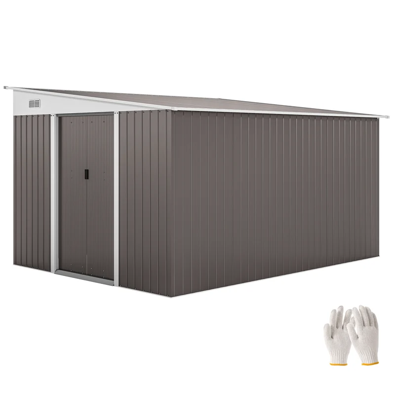 Outsunny Cobertizo de Jardín 280x345x201 cm 8,9 m² Caseta Exterior de Metálico para Almacenamiento de Herramientas con Puerta y 2 Ventanas Gris