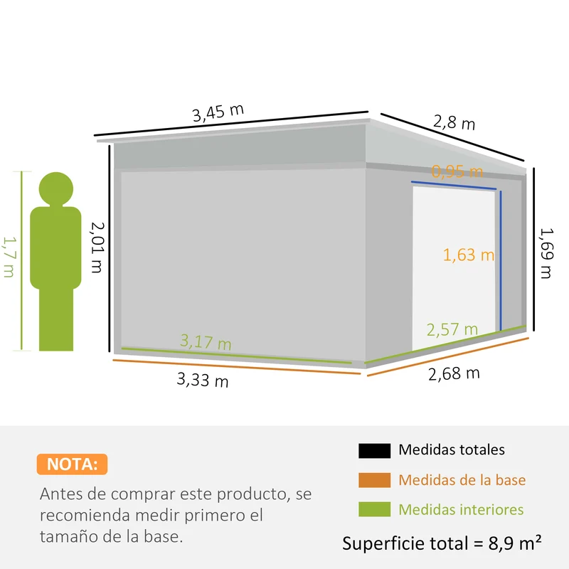 Outsunny Cobertizo de Jardín 280x345x201 cm 8,9 m² Caseta Exterior de Metálico para Almacenamiento de Herramientas con Puerta y 2 Ventanas Gris