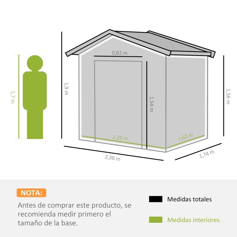 Outsunny Caseta de Jardín Exterior 3,6 m² 236x174x190 cm Cobertizo de Jardín Exterior con 2 Puertas Correderas Techo Inclinado y 4 Ventanas para Patio Terraza Gris