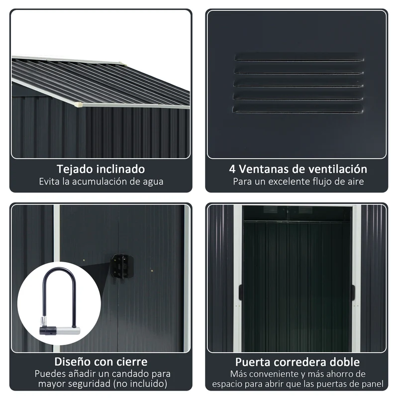 Outsunny Caseta de Jardín Exterior 3,6 m² 236x174x190 cm Cobertizo de Jardín Exterior con 2 Puertas Correderas Techo Inclinado y 4 Ventanas para Patio Terraza Gris