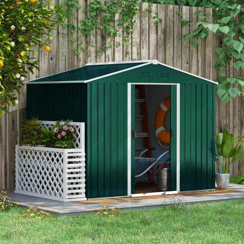 Outsunny Caseta de Jardín Exterior 3,6 m² 236x174x190 cm Cobertizo de Jardín Exterior con 2 Puertas Correderas Techo Inclinado y 4 Ventanas para Patio Terraza Verde