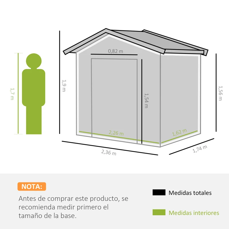 Outsunny Caseta de Jardín Exterior 3,6 m² 236x174x190 cm Cobertizo de Jardín Exterior con 2 Puertas Correderas Techo Inclinado y 4 Ventanas para Patio Terraza Verde