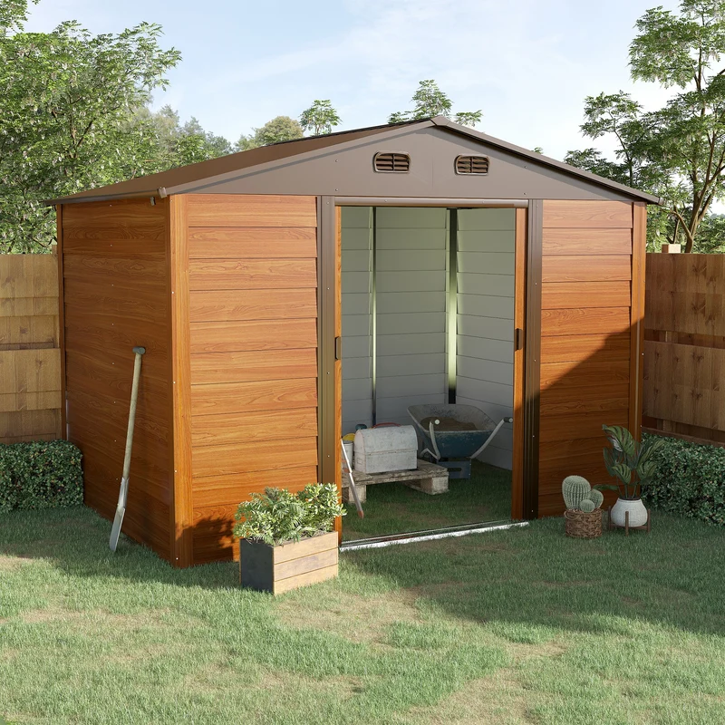 Outsunny Cobertizo de Jardín Exterior 4,84 m² 278x195x215 cm Caseta de Jardín Metálica con 2 Puertas Corredizas y 4 Ventanas para Almacenamiento de Herramientas Efecto Madera Natural