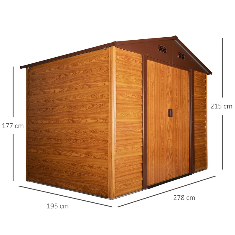 Outsunny Cobertizo de Jardín Exterior 4,84 m² 278x195x215 cm Caseta de Jardín Metálica con 2 Puertas Corredizas y 4 Ventanas para Almacenamiento de Herramientas Efecto Madera Natural