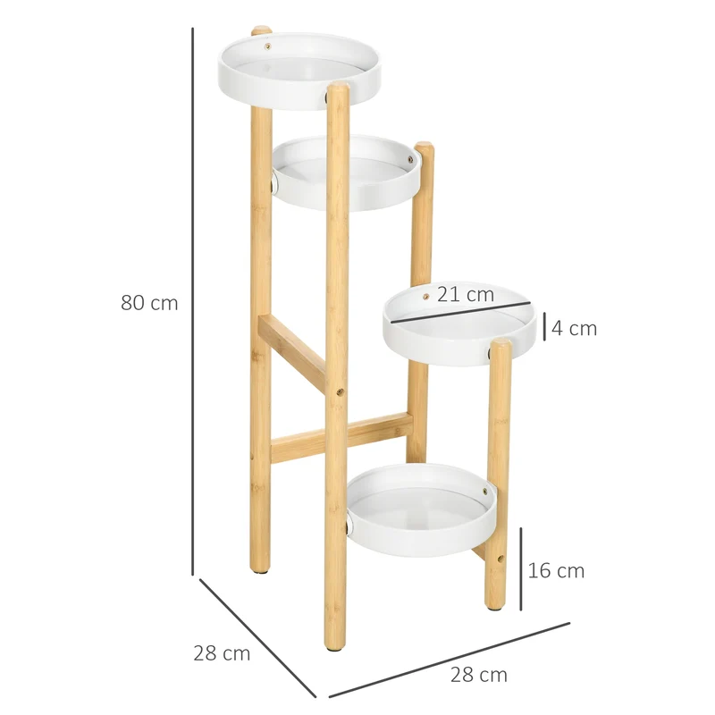 Outsunny Soporte para Plantas Estantería para Plantas con Pies de Bambú Estantería para Flores con 4 Estantes Redondos Carga 20 kg para Interior y Exterior Ø28x80 cm Natural y Blanco