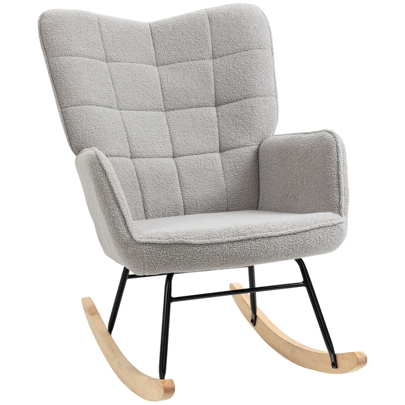 HOMCOM Mecedora de Borreguito Silla Mecedora con Patas de Madera de Haya y Marco de Acero Silla para Lactancia Carga 120 kg para Dormitorio Salón Gris