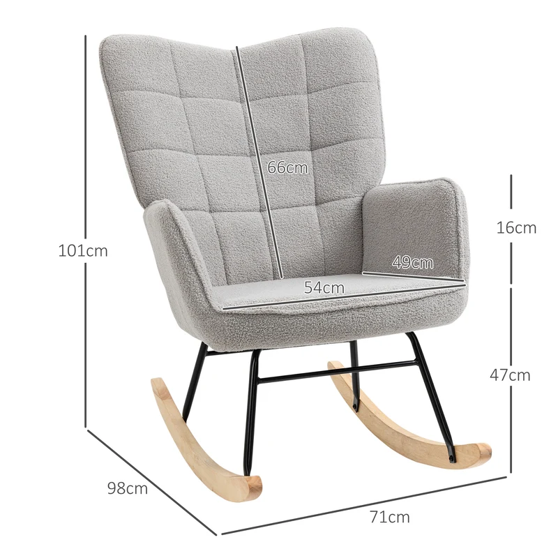 HOMCOM Mecedora de Borreguito Silla Mecedora con Patas de Madera de Haya y Marco de Acero Silla para Lactancia Carga 120 kg para Dormitorio Salón Gris