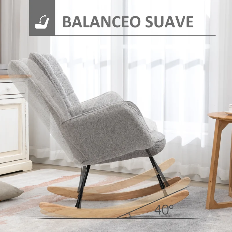 HOMCOM Mecedora de Borreguito Silla Mecedora con Patas de Madera de Haya y Marco de Acero Silla para Lactancia Carga 120 kg para Dormitorio Salón Gris