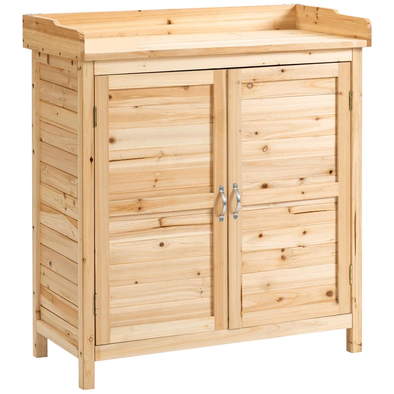 Outsunny Armario de Jardín de Madera Cobertizo Exterior Cobertizo para Almacenaje con 2 Puertas Estante y Patas Elevadas para Terraza Patio 83x40x92 cm Natural