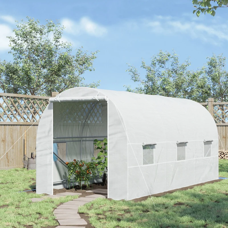 Outsunny Invernadero de Exterior 4,5x2x2 m Invernadero de Túnel con 6 Ventanas de Malla y Puerta Enrollable con Cremallera Invernadero de Huerto Anti-UV para Patio Jardín Blanco