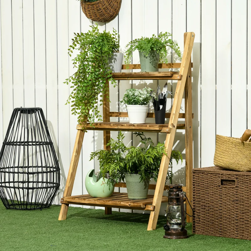 Outsunny Soporte para Plantas de Madera de 3 Niveles Estantería para Plantas Plegable Soporte para Macetas para Interior y Exterior Terraza Jardín Balcón 60x37x93 cm Natural
