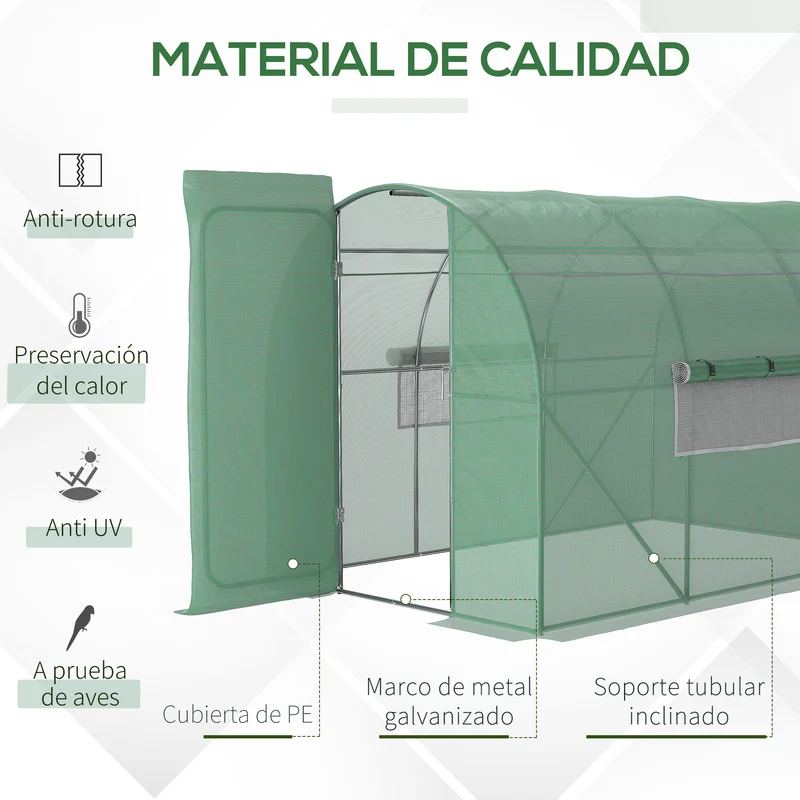 Outsunny Invernadero de Túnel 3x2x2 m con Puerta y Ventanas Función de Drenaje Invernadero de Jardín Grande con Cubierta de PE 140 g/㎡ y Metal Galvanizado para Cultivos Plantas Verduras Verde