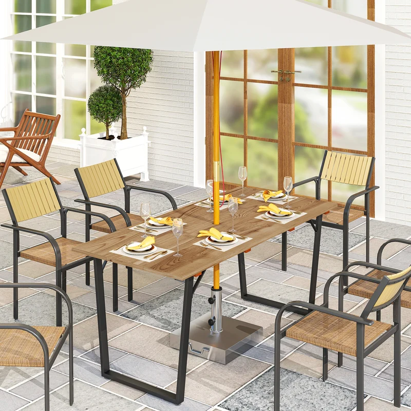 Outsunny Mesa Comedor de Jardín de Madera Rectangular Mesa de Terraza Exterior 175x80x75 cm con Orificio para Sombrilla Estructura de Acero y Encimera de Listones para Patio Balcón Natural