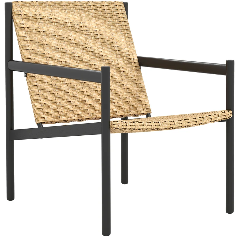 Outsunny Silla de Ratán de Jardín Individual Silla para Exterior Resistente a la Intemperie con Reposabrazos Respaldo Inclinado y Estructura de Acero Carga 120 kg para Terraza Patio Balcón Natural
