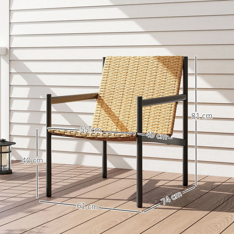 Outsunny Silla de Ratán de Jardín Individual Silla para Exterior Resistente a la Intemperie con Reposabrazos Respaldo Inclinado y Estructura de Acero Carga 120 kg para Terraza Patio Balcón Natural