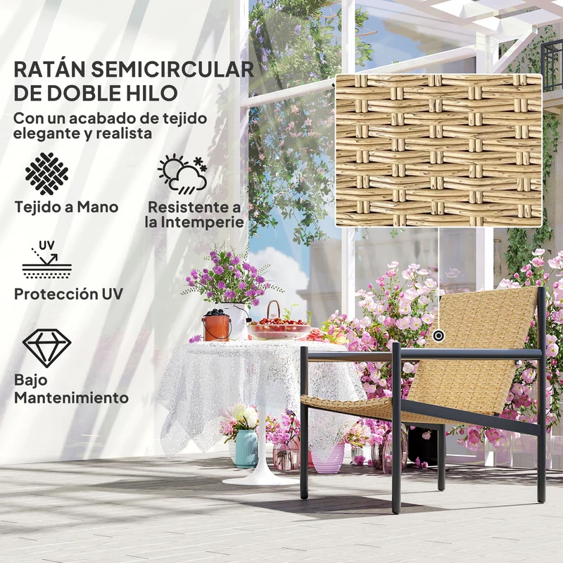 Outsunny Silla de Ratán de Jardín Individual Silla para Exterior Resistente a la Intemperie con Reposabrazos Respaldo Inclinado y Estructura de Acero Carga 120 kg para Terraza Patio Balcón Natural