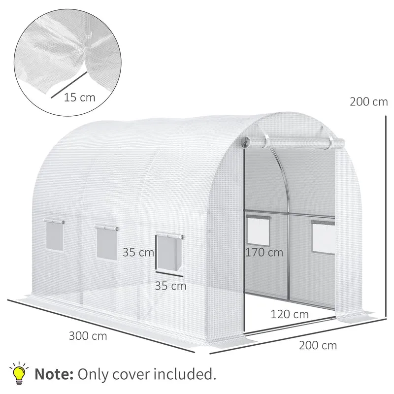 Outsunny Plásticos para Invernaderos 3x2x2 m Cubierta de Repuesto para Invernadero de Polietileno con 6 Ventanas y Puerta Enrollable Protección de Plantas para Jardín Blanco