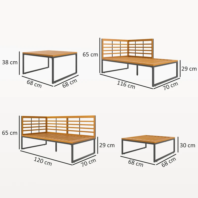 Outsunny Conjunto de Jardín Exterior de 4 Piezas Muebles Jardín Exterior en Forma de L con 2 Sofás de 2 Plazas Sofá de Esquina y Mesa de Centro de Madera de Acacia con Cojines Acolchados Gris y Teca