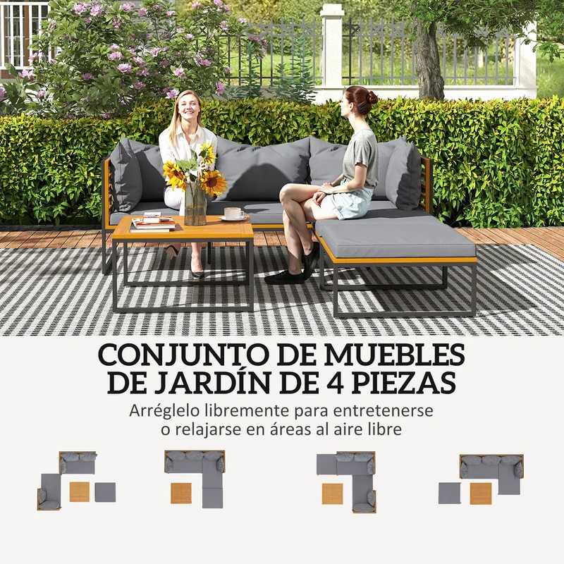 Outsunny Conjunto de Jardín Exterior de 4 Piezas Muebles Jardín Exterior en Forma de L con 2 Sofás de 2 Plazas Sofá de Esquina y Mesa de Centro de Madera de Acacia con Cojines Acolchados Gris y Teca