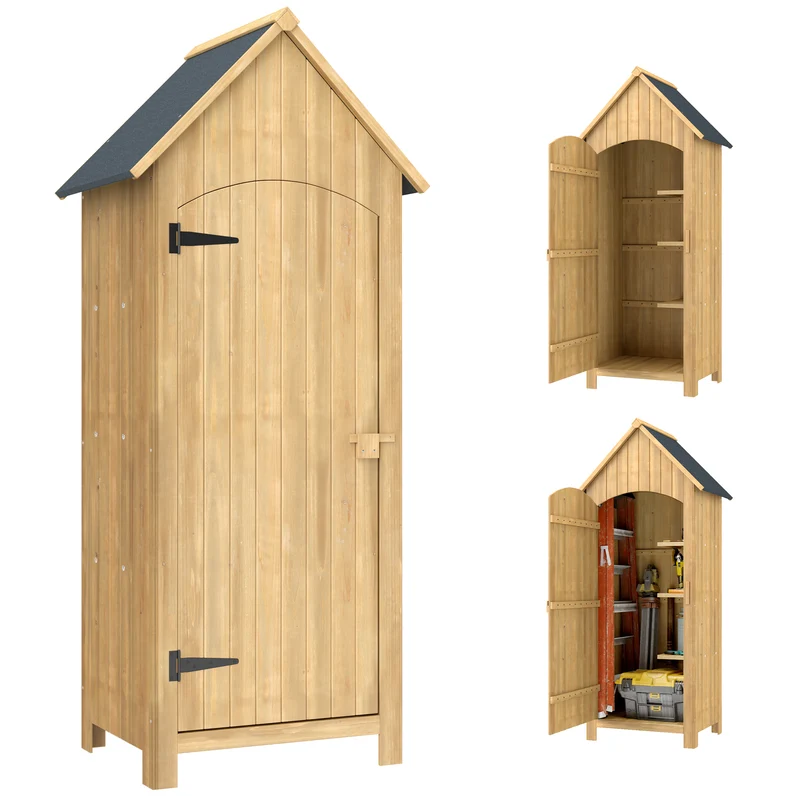 Outsunny Caseta Jardín Exterior de Madera 77,5x54,2x179,5 cm 0,3 m² Cobertizo Jardín Exterior Armario para Almacenaje de Herramientas con 3 Estantes y 2 Puertas con Cerrojo para Patio Terraza Natural