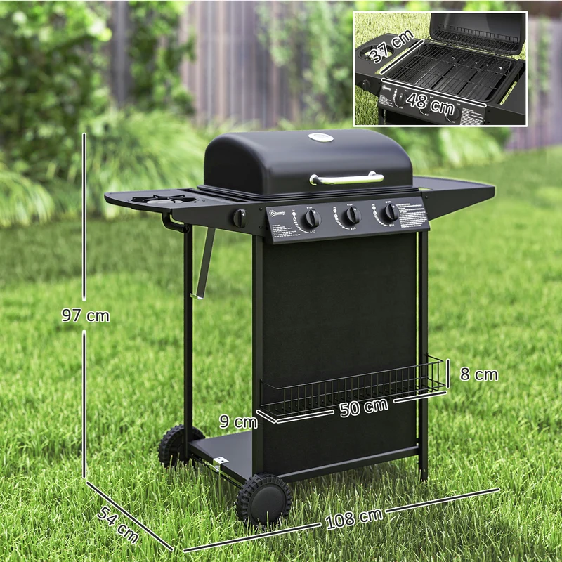 Outsunny Barbacoa de Gas BBQ Gas con 3+1 Quemadores 9,5 kW Barbacoa Portátil con Termómetro Mesa Lateral Estante Especiero Parrilla Recogedor de Grasa 2 Ruedas para Jardín Exterior Camping Negro