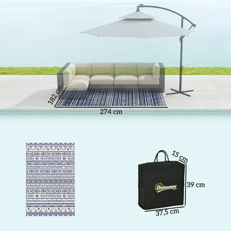 Outsunny Alfombra de Exterior 182x274 cm Alfombra Reversible con Patrón de Geométrico Impermeable Bolsa de Transporte para Terraza Balcón Patio Camping Playa Azul